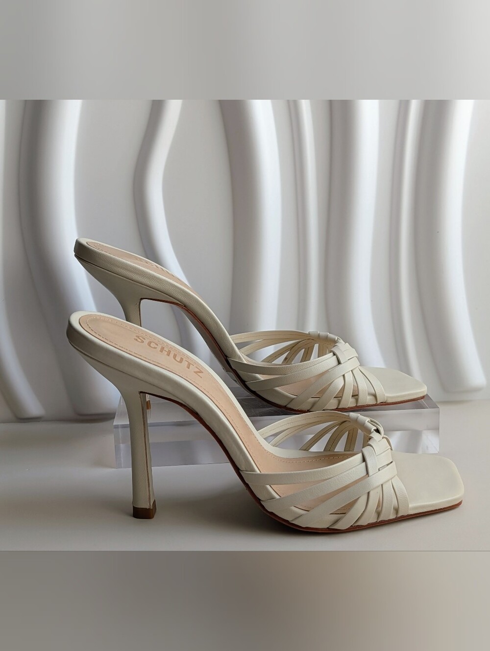 SCHUTZ Tara Leather Mule Sugar White Woven Stiletto Heels Size 8 NWT